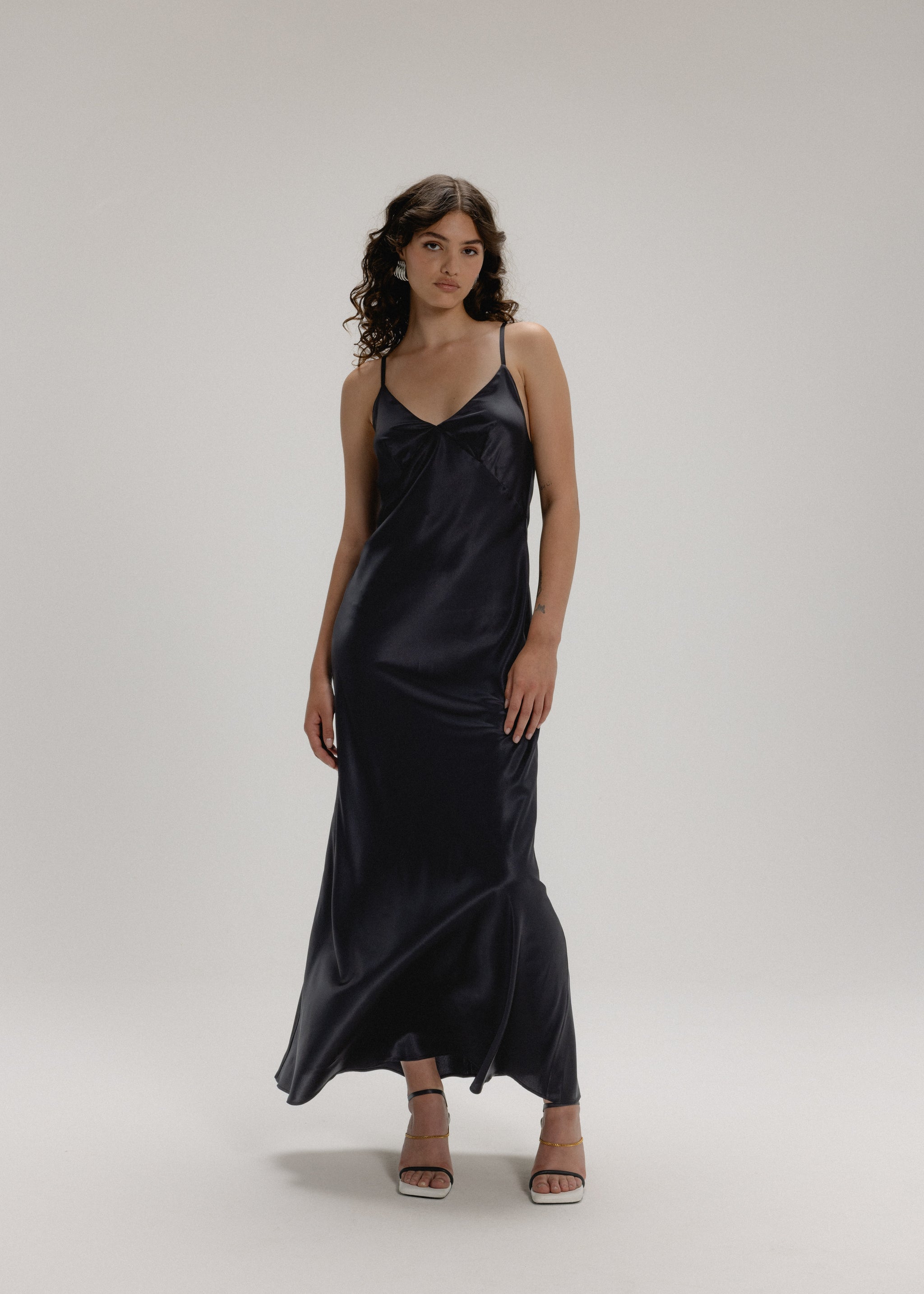 black long slip dress silk Women's Black Satin Lace Up Back Maxi Slip Dress