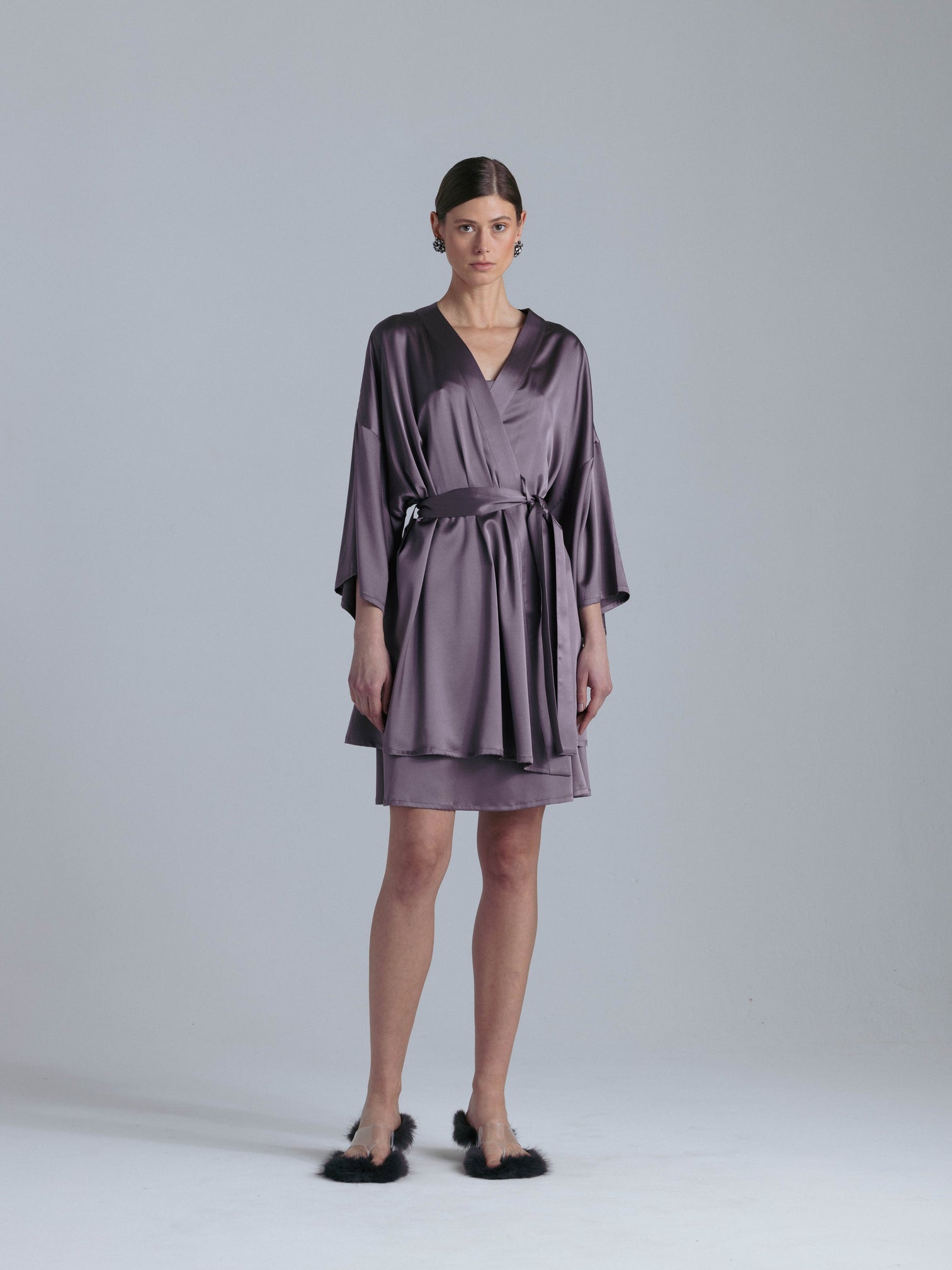 Front View Women's Silk Dressing Gown 'Muse' in Noble Purple